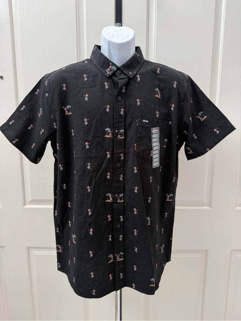 Rip Curl Black Tropical Print Short Sleeve Button-Down Sz L